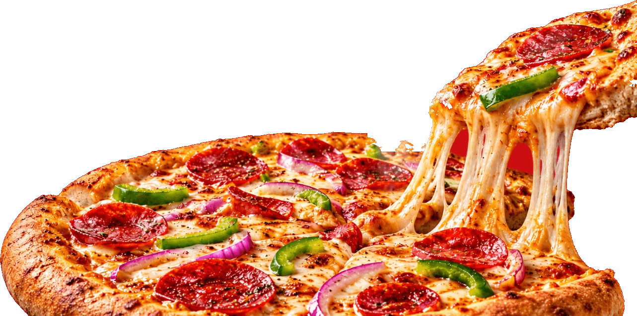 A PoPizza pepperoni pizza with a slice being lifted