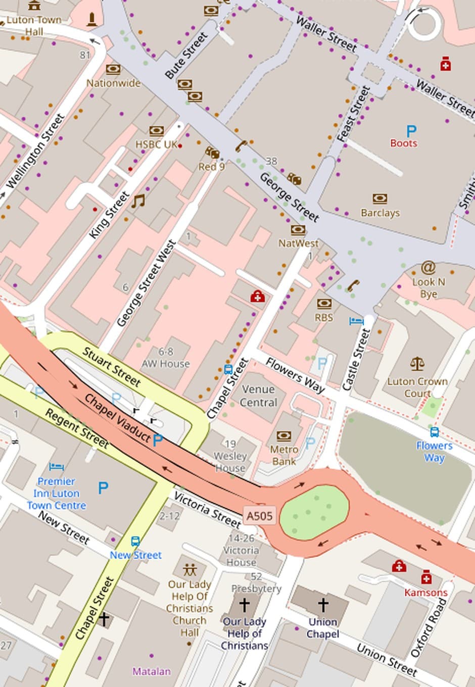 Map of Luton showing PoPizza on Chapel Street